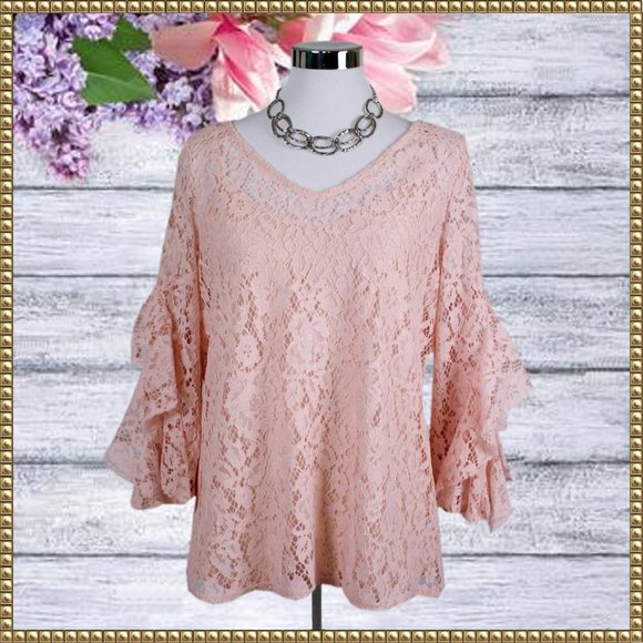 Fever Tops - NWOT Fever Pink Bell Sleeve Lace Top Size Medium